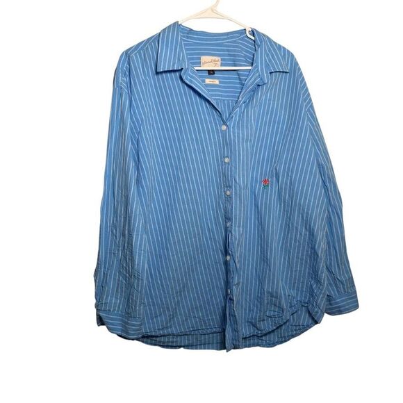 Universal Thread Blouse Women's Large Oversized Button Up Striped Blue Shirt - Picture 1 of 10